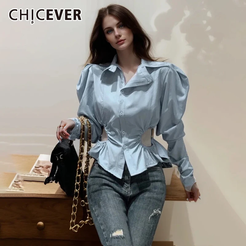 

CHICEVER Vintage Korean Shirt For Women Lapel Long Sleeve Hollow Out Minimalist Summer Designer Spliced Botton Shirts Female