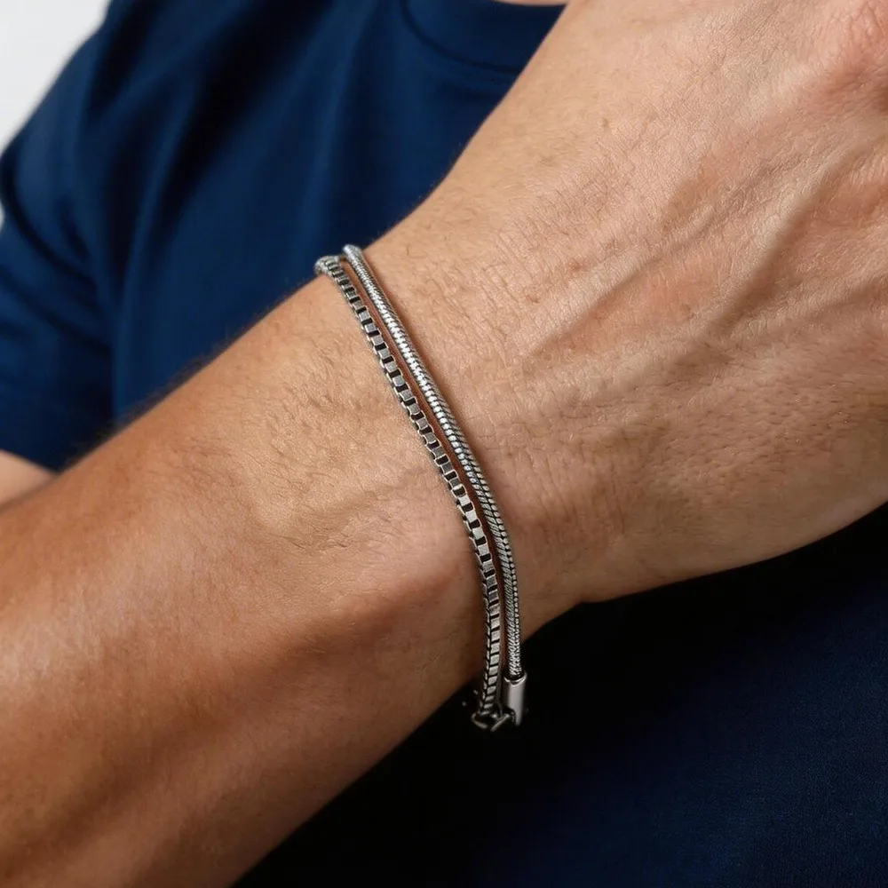 

2pcs/set Thin Chain Bracelet for Men Boys,Stainless Steel Silver Color Box Chain Wristband,Minimalist Jewelry Gift