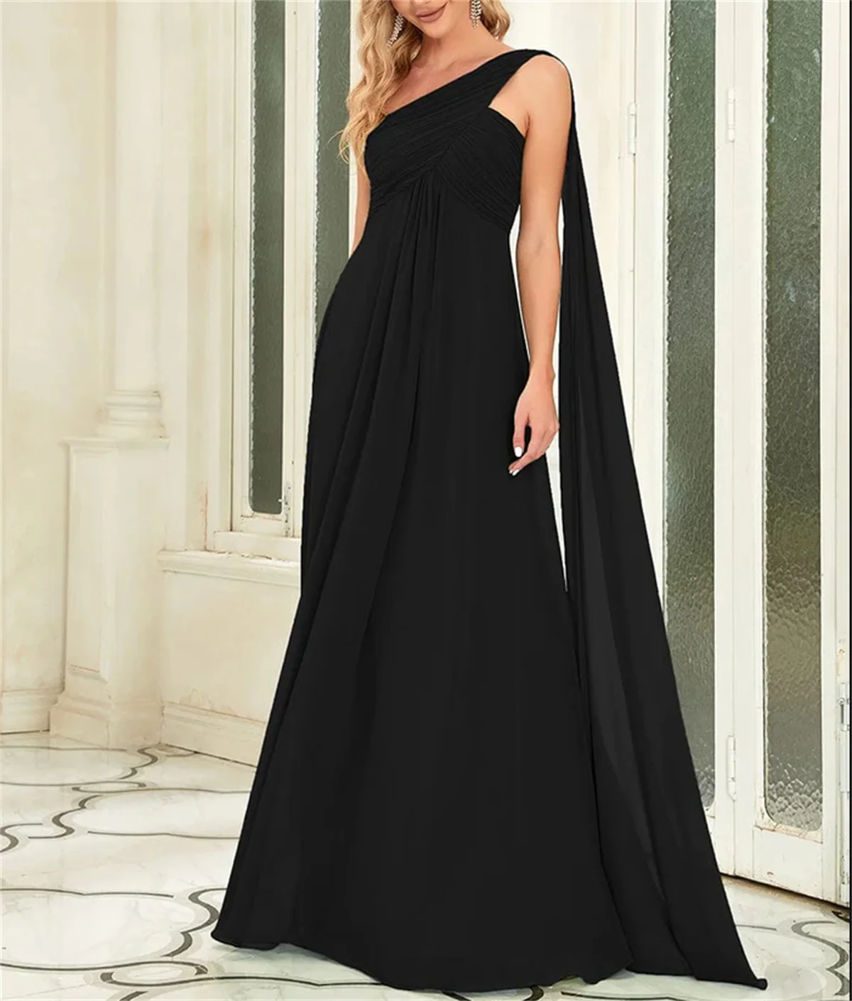 Classic Black A-Line Evening Dress 2024 Simple One Shoulder Chiffon Train Sweep Formal Occasion Gowns Custom Colors