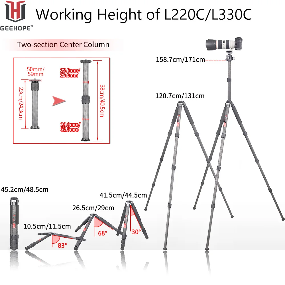 GEEHOPE L220C/L330C Compact Carbon Fiber Tripod Professional Camera Stand for DSLR Video Camcorder Load 25kg add Center Column