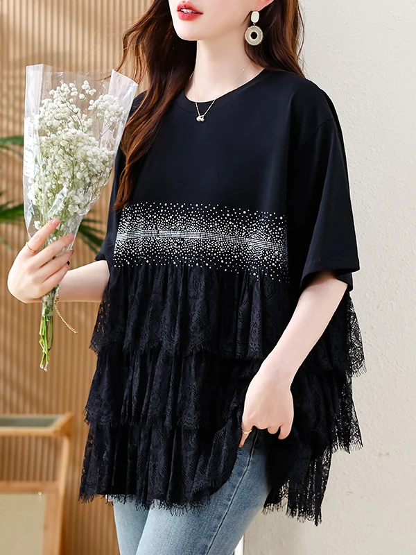 Lässiges Spitzen-Splice Ort Sve Damen-T-Shirt, Sommer, neues Sle Ele-Design, rundes, mittellanges, lässiges Top für Damen