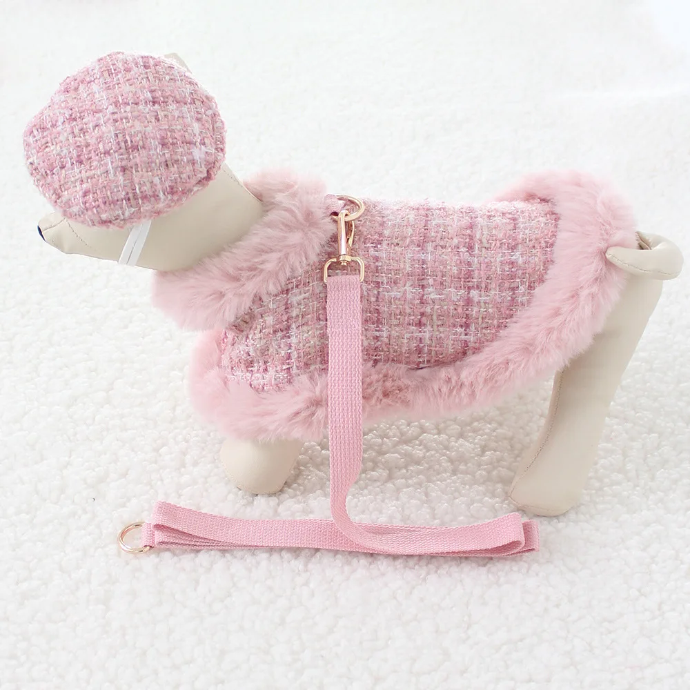 Autumn Winter Plush Warm Little Fragrant Style Pet Harness & Leads Fashion Plaid Stitching Cloak Dog Accessories for Small Dogs