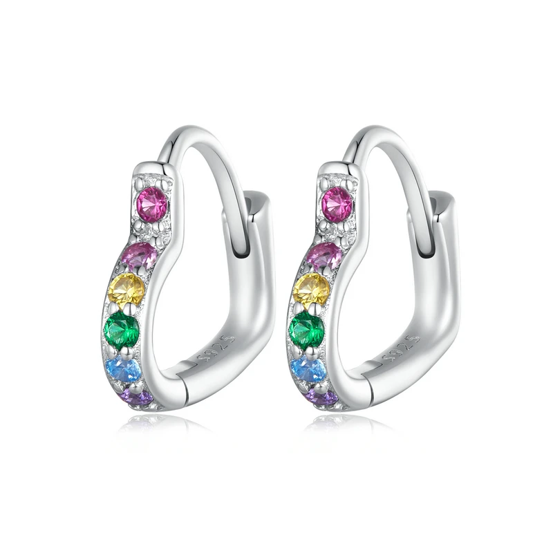 WOSTU 925 Sterling Silber Regenbogen Herz Ohrringe Hoop Für Frauen Mädchen 10mm Ohr schnalle Sommer Edlen Schmuck Party Datum hochzeit Geschenk