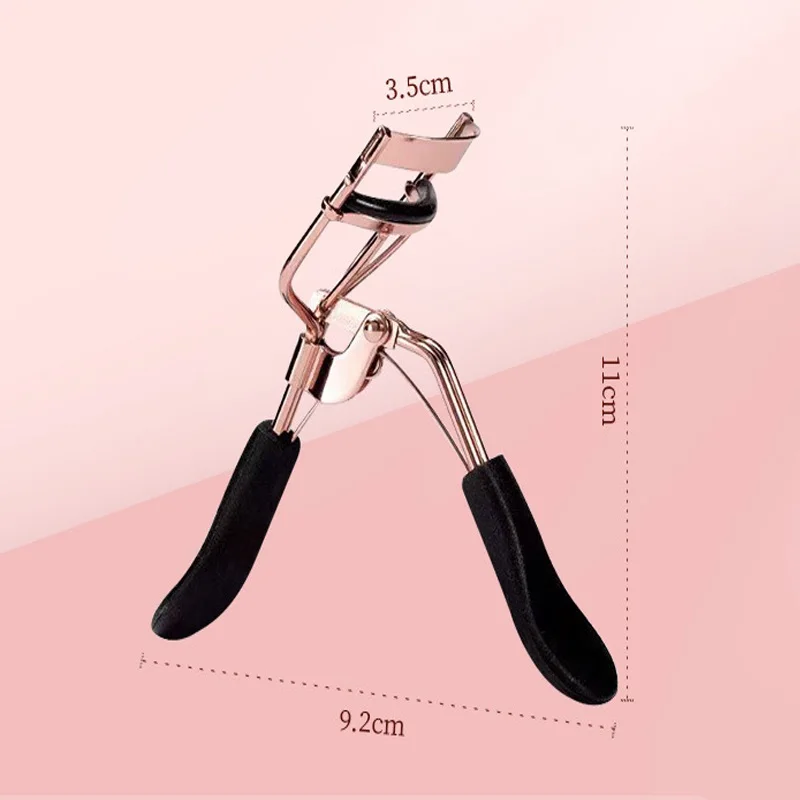 Carbon steel rose gold wide-angle eyelash curler, spring-loaded for effortless use without hurting eyelids, high-elastic silicone pads for long-lasting curling