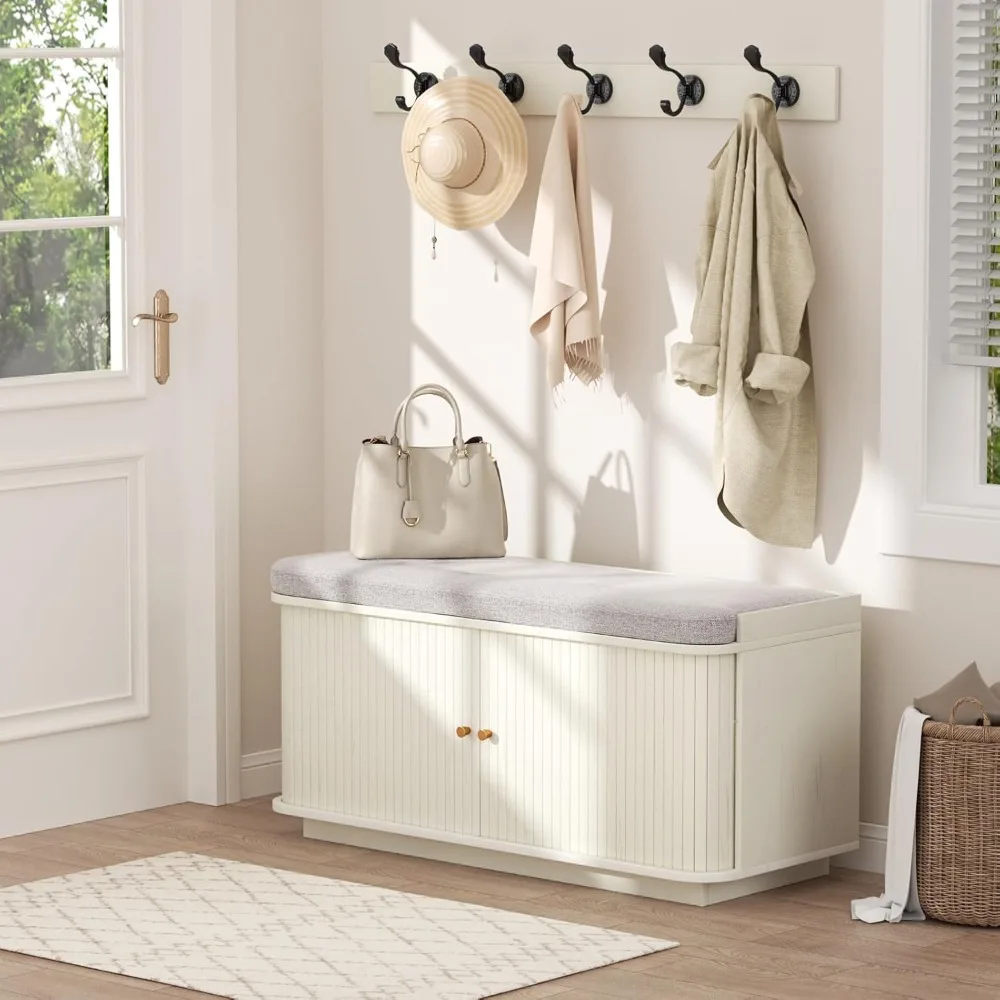 

Cream White 39.4" W 2-Tier Shoe Bench | Entryway Bench with Padded Cushion, Sliding Doors & 5 Hooks for Hallway, Mudroom