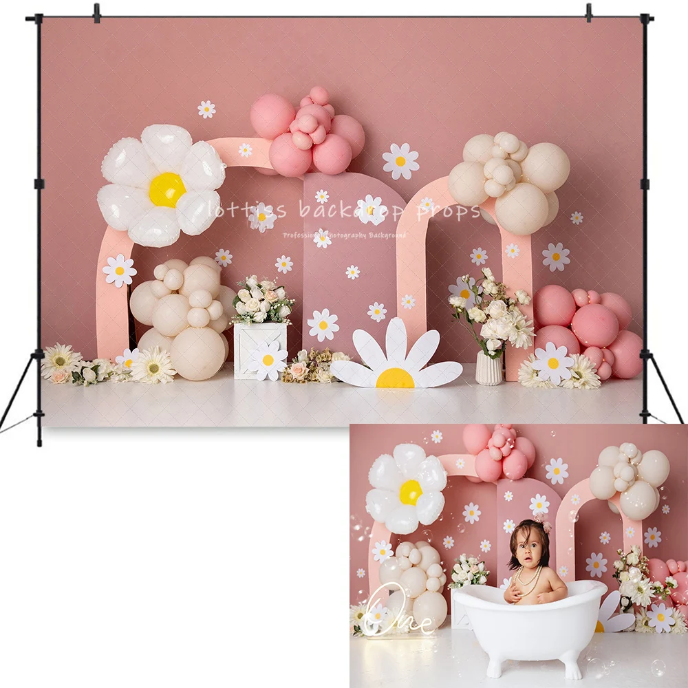 Boho Pink Daisies Arch Backdrops Kids Newborn Photography Child Adult Photocall Props Peach Balloons Backgrounds