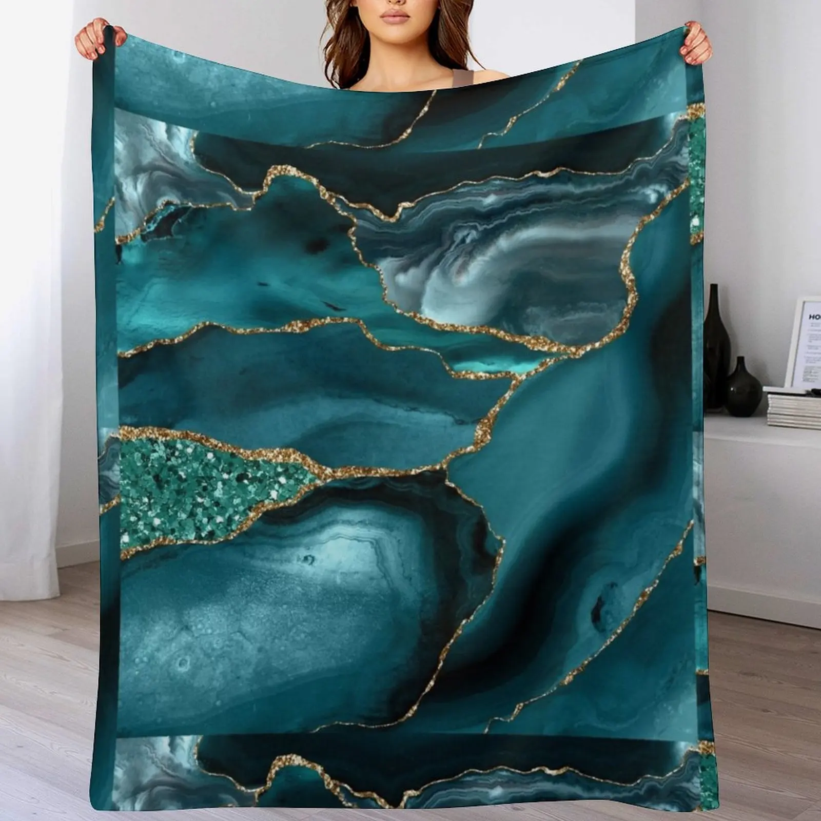 Abstract Teal Blue and Gold Glitter Modern Geode Agate Design Throw Blanket