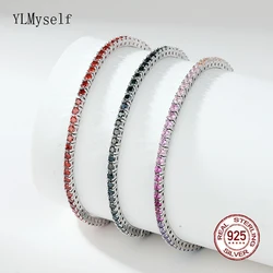 S925 Chain Fine Jewelry with 2mm Black/Garnet Red/Rainbow Cubic Zircon Solid Silver Tennis Bracelet for Women