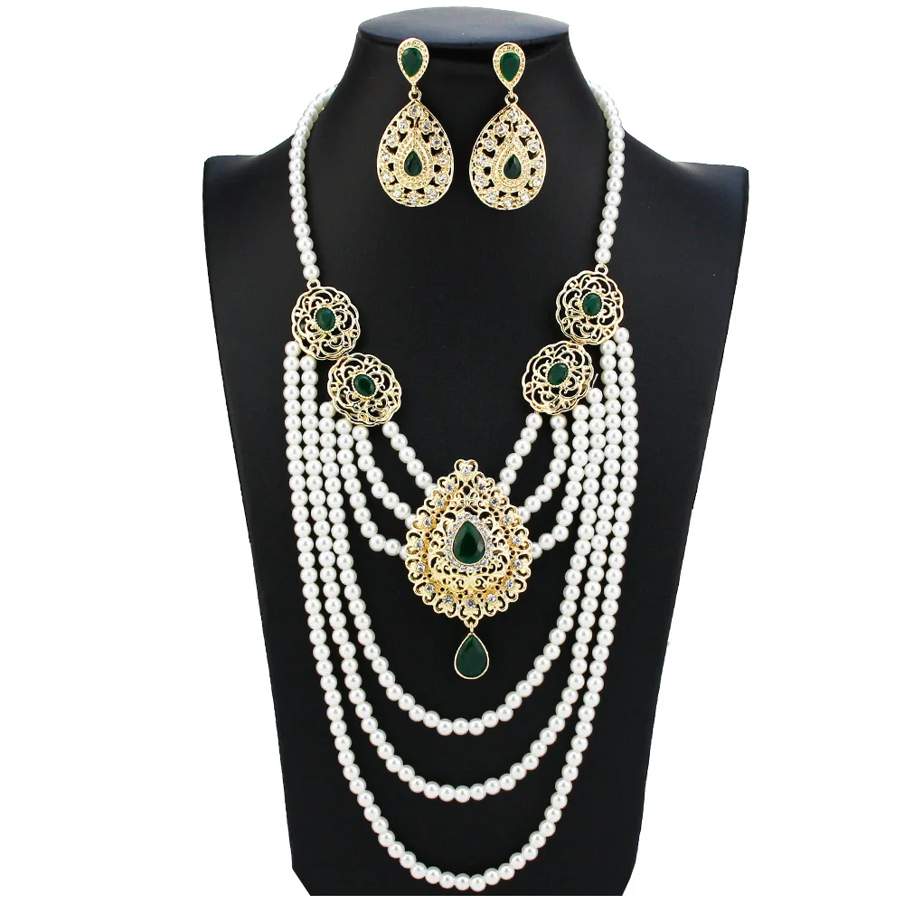 Sunspicems Morocco Bride Wedding Jewelry Algeria Women Pearl Beaded Necklace Multilayer Chain Crystal Drop Earring Caftan Bijoux