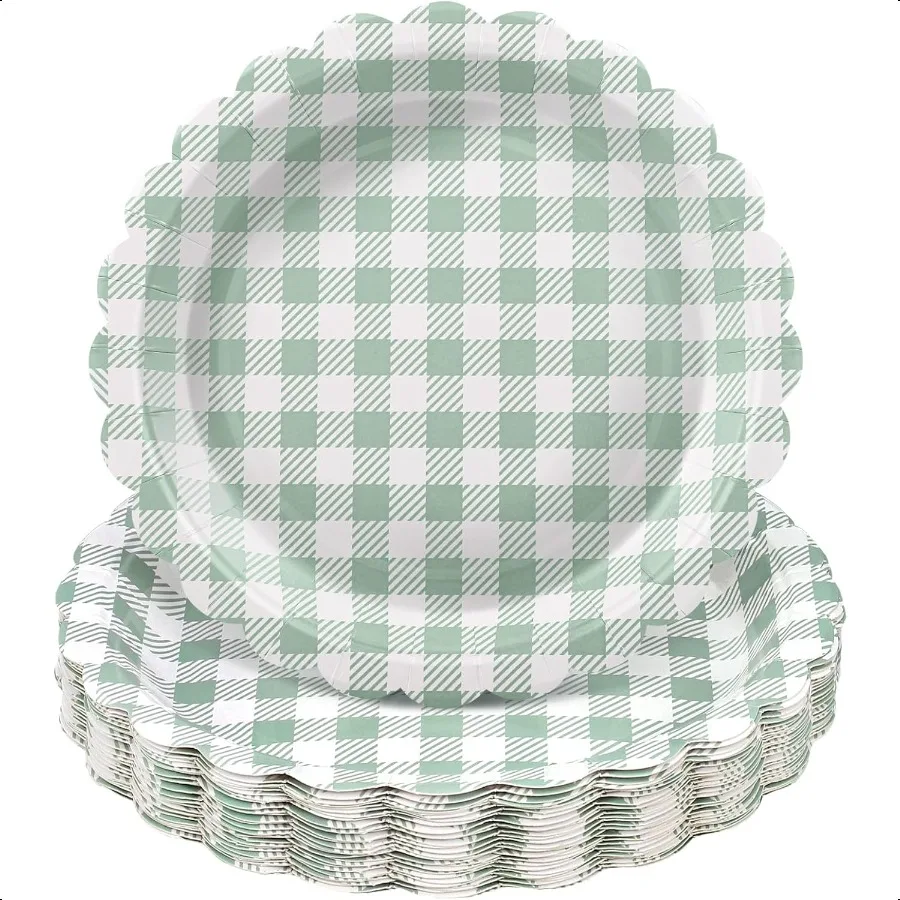 

30 Pcs Sage Green Gingham Plates 9 Inch Scalloped Camping Plaid Dert Dinner Party Plates Green and White Gingham Party plies fo