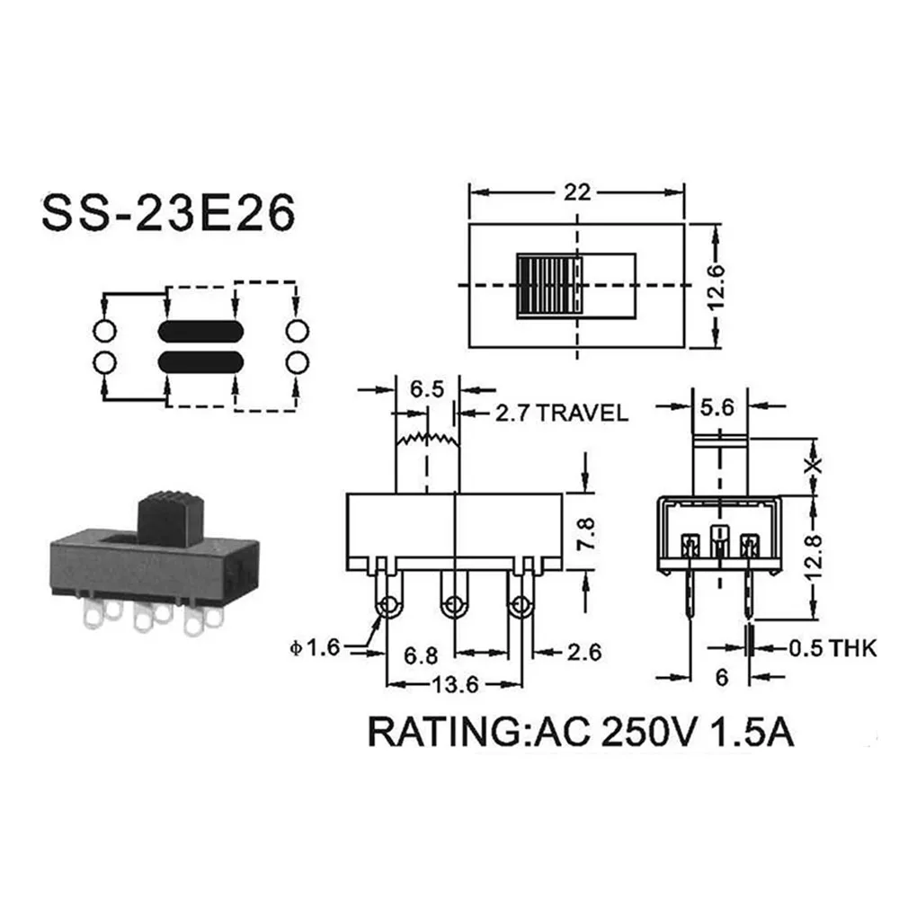 10Pcs On-Off 3 Position 2P3T PCB Panel Slide Switch Slide Switch 6 Pin High current 3A 250V Car refrigerator Power Toggle Switch