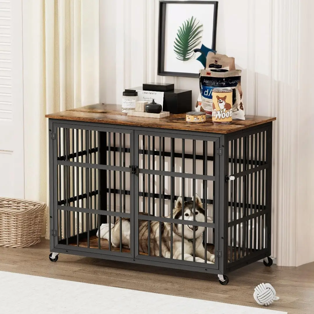 Okak Dog Crate Furniture Wooden Heavy-Duty Dog Kennel With Side And Flip-Up Openings On Casters Decorative Pet House Dog Cage