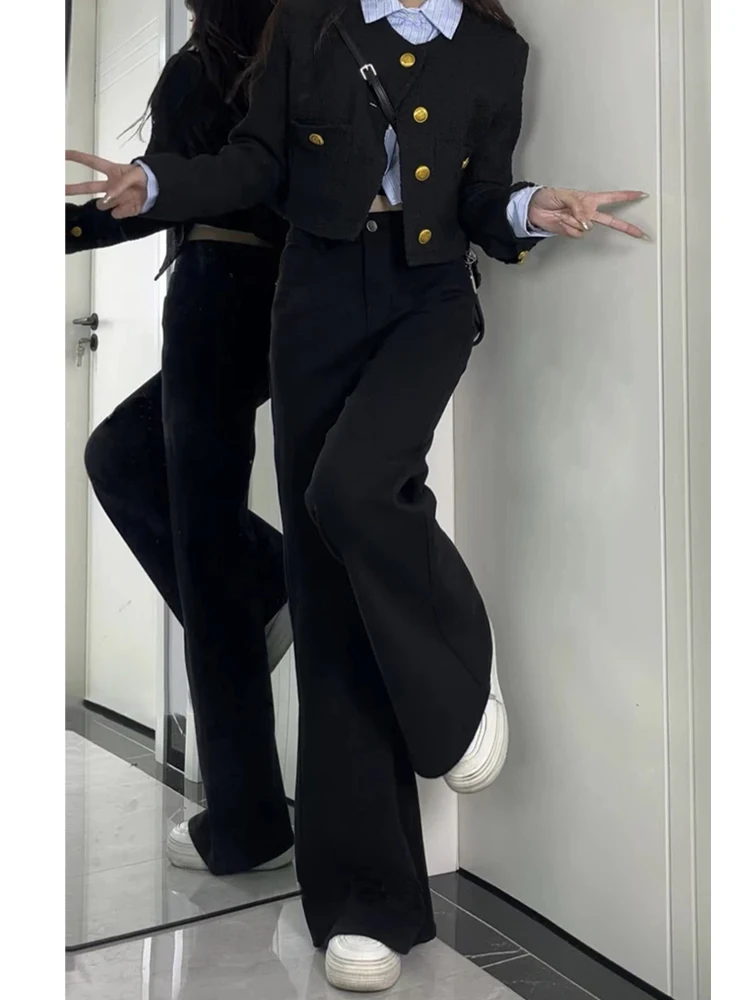 กางเกงยีนส์ทรงกระดิ่งเอวสูง ผู้หญิง ทรงหลวม ยืดหยุ่น ผ้าเดนิมสีดำ รุ่นใหม่สำหรับฤดูใบไม้ร่วง ไซส์ใหญ่ ขากว้าง