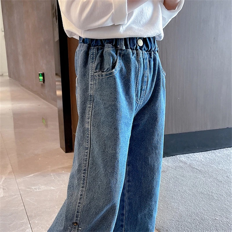 Girls Mid-waist Metal Double-button Jeans Children's Foreign Flavor Straight Jeans Baby Girls Casual All-match Wide-leg Pants