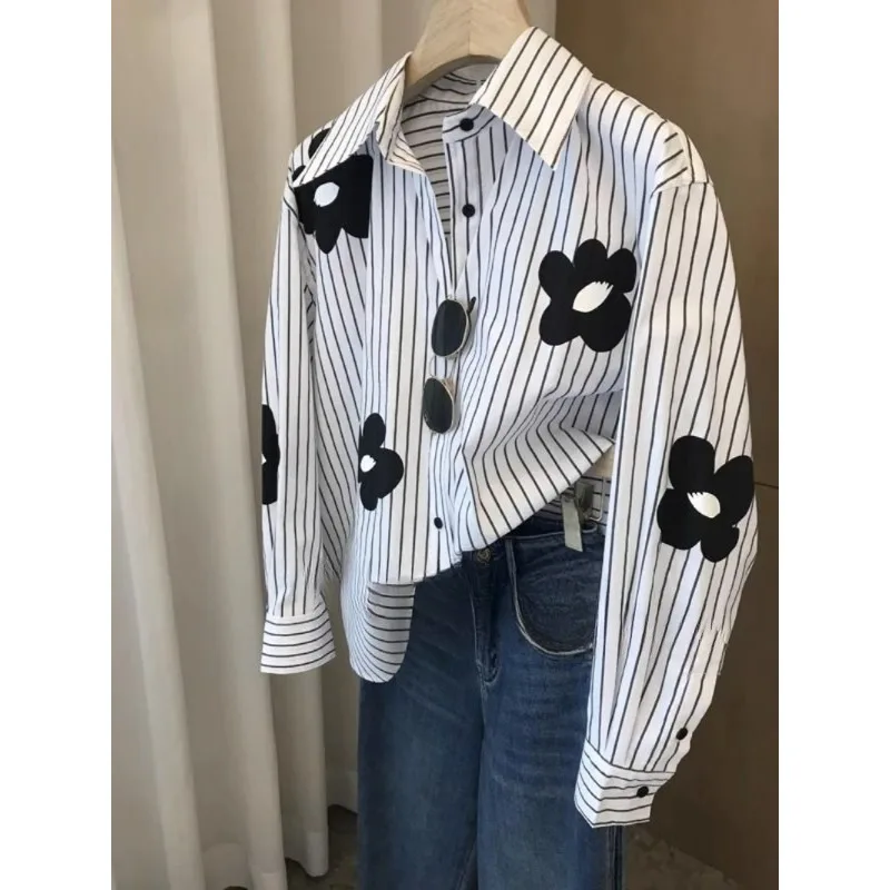 

DAYIFUN Flower Print Women's Striped Shirts Loose Casual Female's Long Sleeve Top Single Breasted Turn Down Collar Woman's Shirt