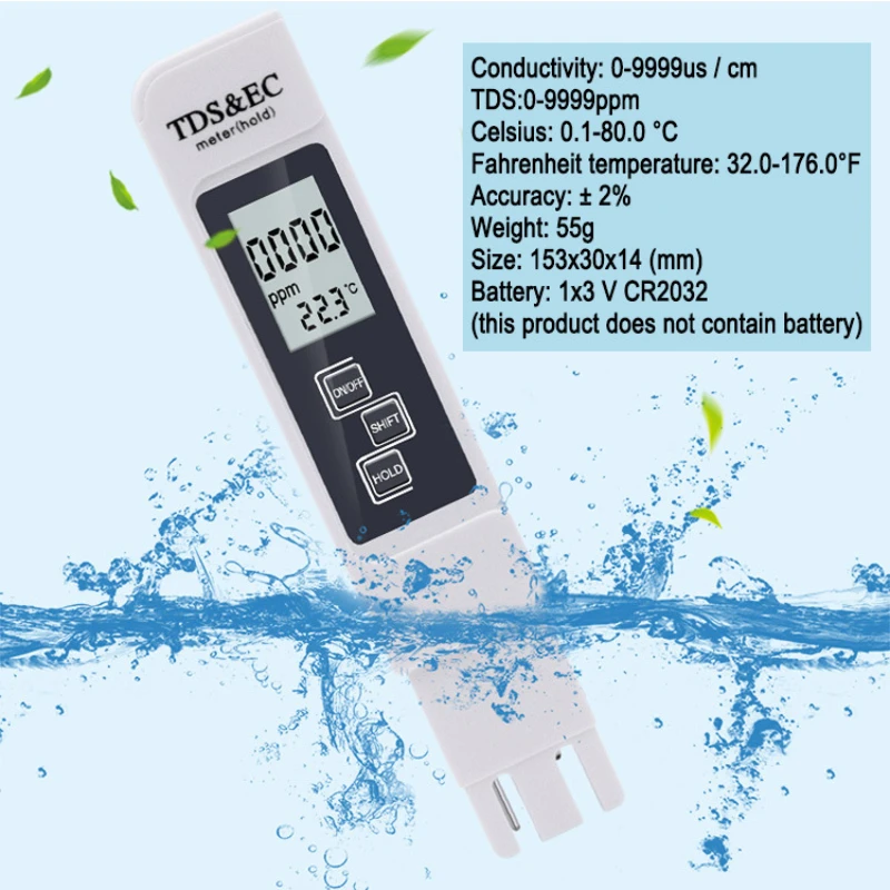 

Digital Water Quality Tester TDS EC Meter Range 0-9990 Multifunctional Water Purity Temperature Meter TEMP PPM Tester