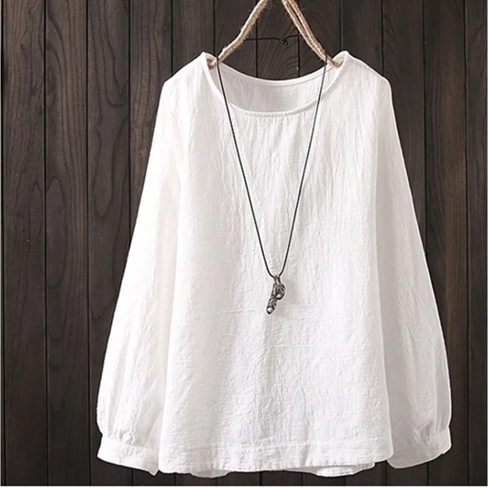 Women's Casual Long Sleeve Shirt, Crew Neck Cotton Linen Blouse Top
