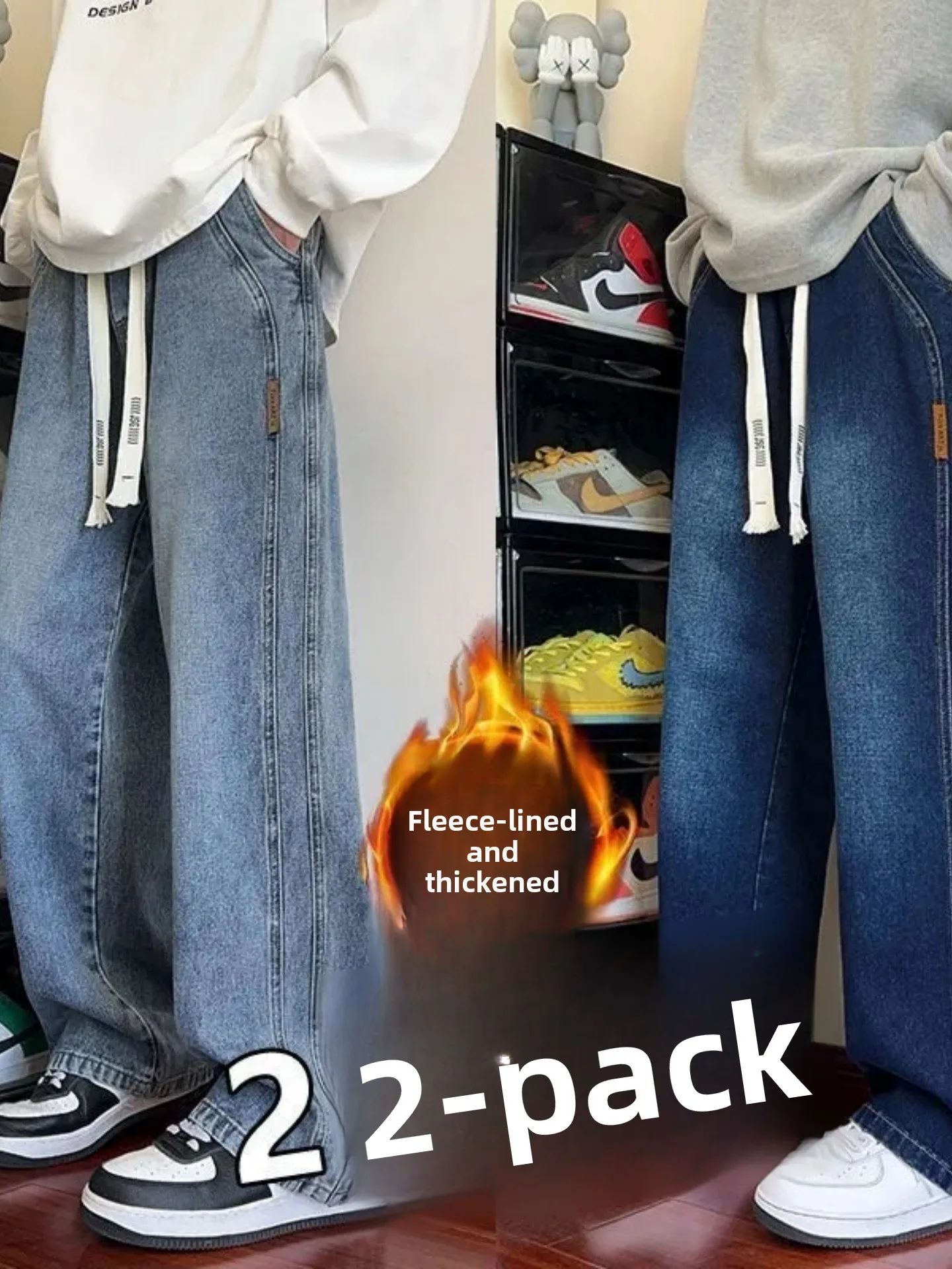 

Thiened Fce Autumn Winter Loose Straight Leg Jeans Men's Casual American Sle 2025 New Trendy Brand Wide Leg Pants