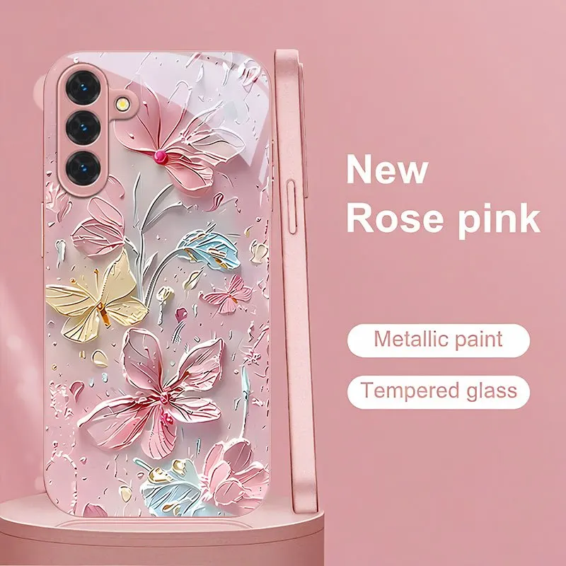 Pink flower butterfly glass phone case suitable for Samsung Galaxy S26 S25 S24 S23 S22 S20 FE/Ultra/Plus anti drop back cover