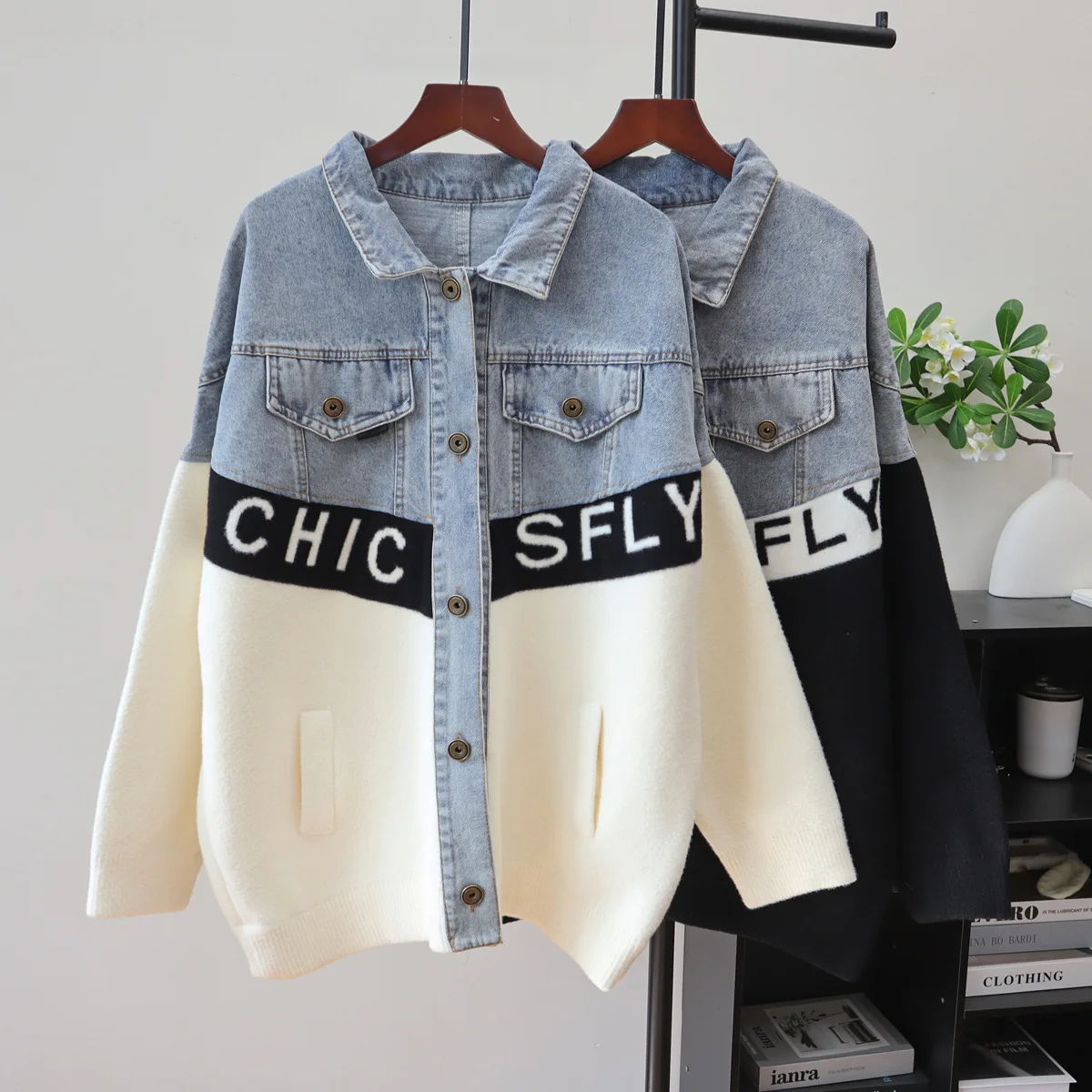 

Women Cardigan Sweaters Mid Length Coats Denim Splice Jackets Full Sleeve Jumpers Y2k Streetwear Elegant Coat Autumn Winter 2025