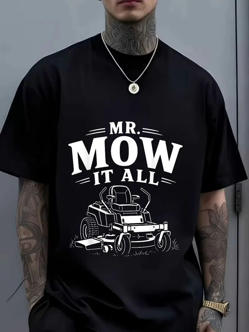Funny Mr Mow It All Lawn Mower T-Shirt Retro Crew Neck Tee For Landscapers Lawn Care Apparel Machine Washable Outdoor Wear Gift