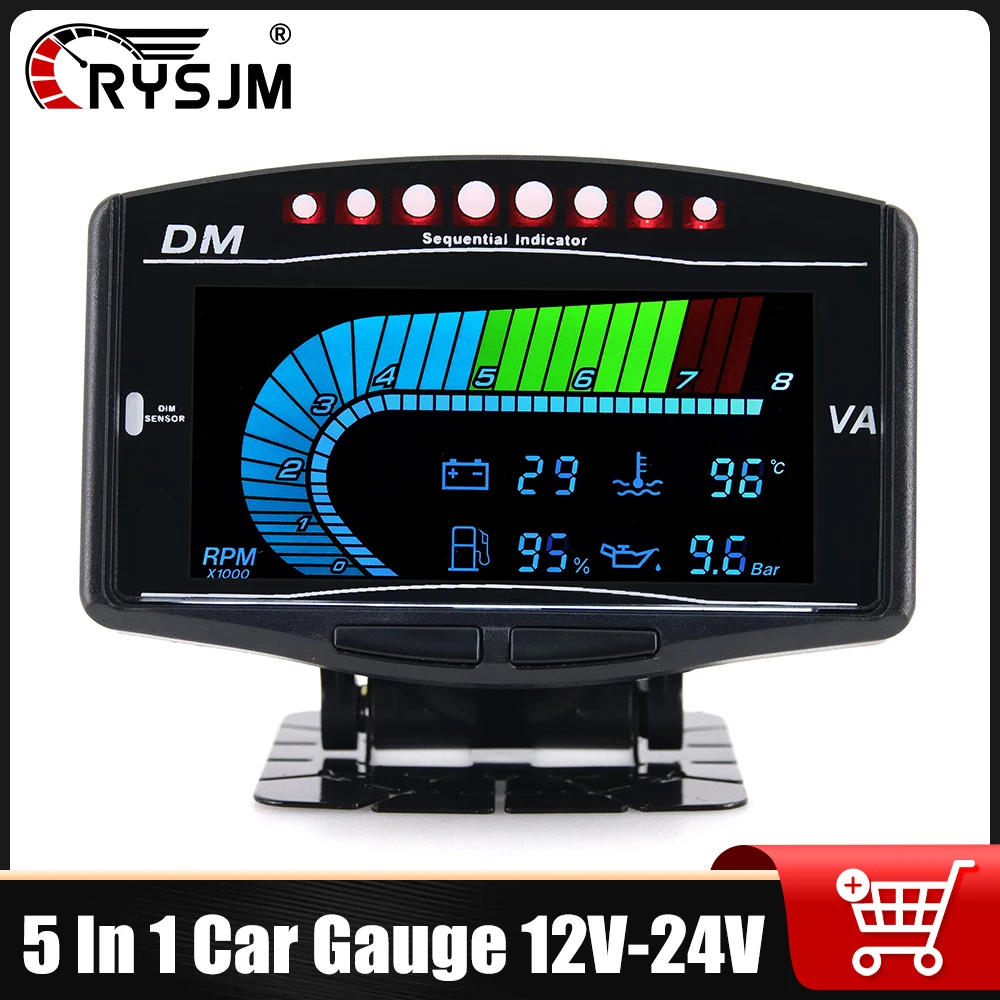 

5 в 1 ЖК-дисплей, автомобильный многофункциональный датчик температуры воды, вольтметр уровня топлива, давление масла, измеритель скорости вращения в минуту для автомобиля 12 В 24 В