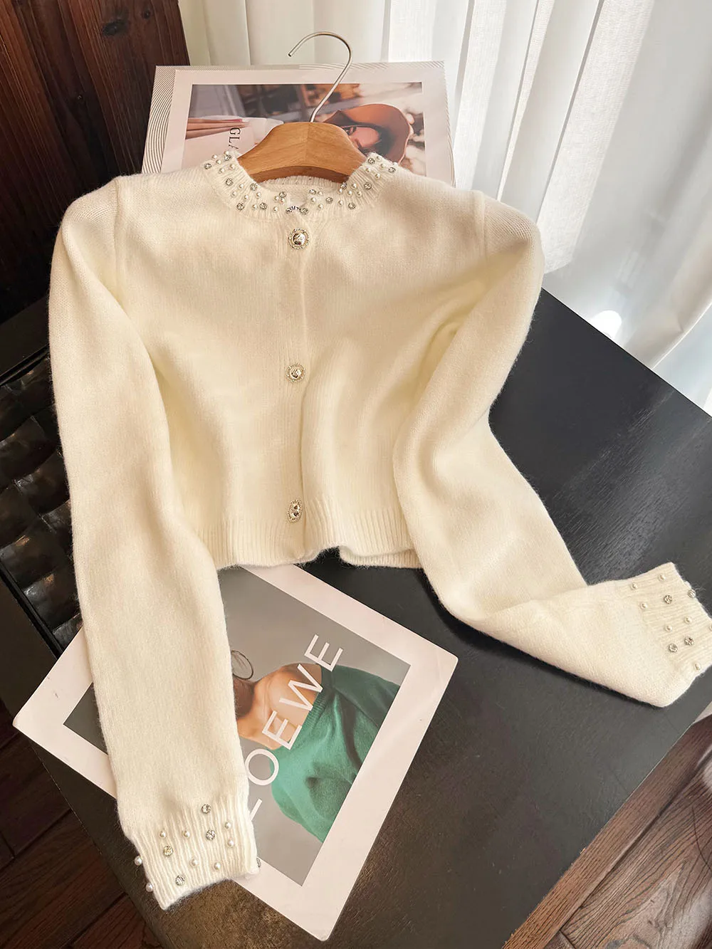 French Bead Embellished Design Round Neck Womens Cardigan Spring White Long Sleeve Top Minimalist Design Knit Sweater Coat