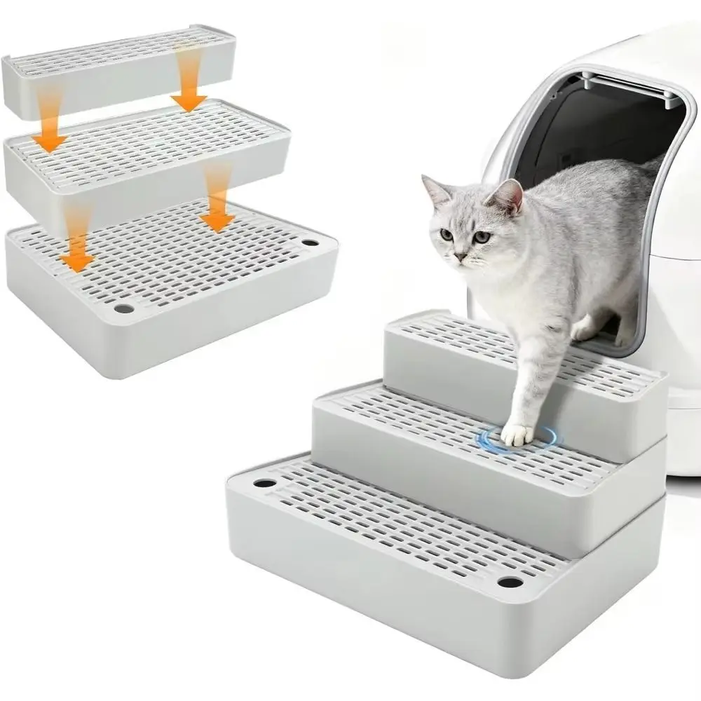 Plastic 3 Steps Cat Litter Box Ramp Adjustable Detachable Automatic Cat Toilet Feet Filter with Drainage Holes Waterproof