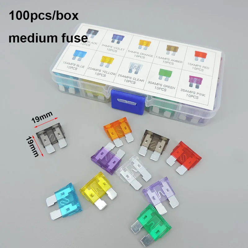 100pcs/box Car Fuse Assortment Set Profile medium Size Blade Type Fuse Auto Truck 2A 5A 3A 7.5A 10a 15A 20a 30a 35a auto Fuse r1