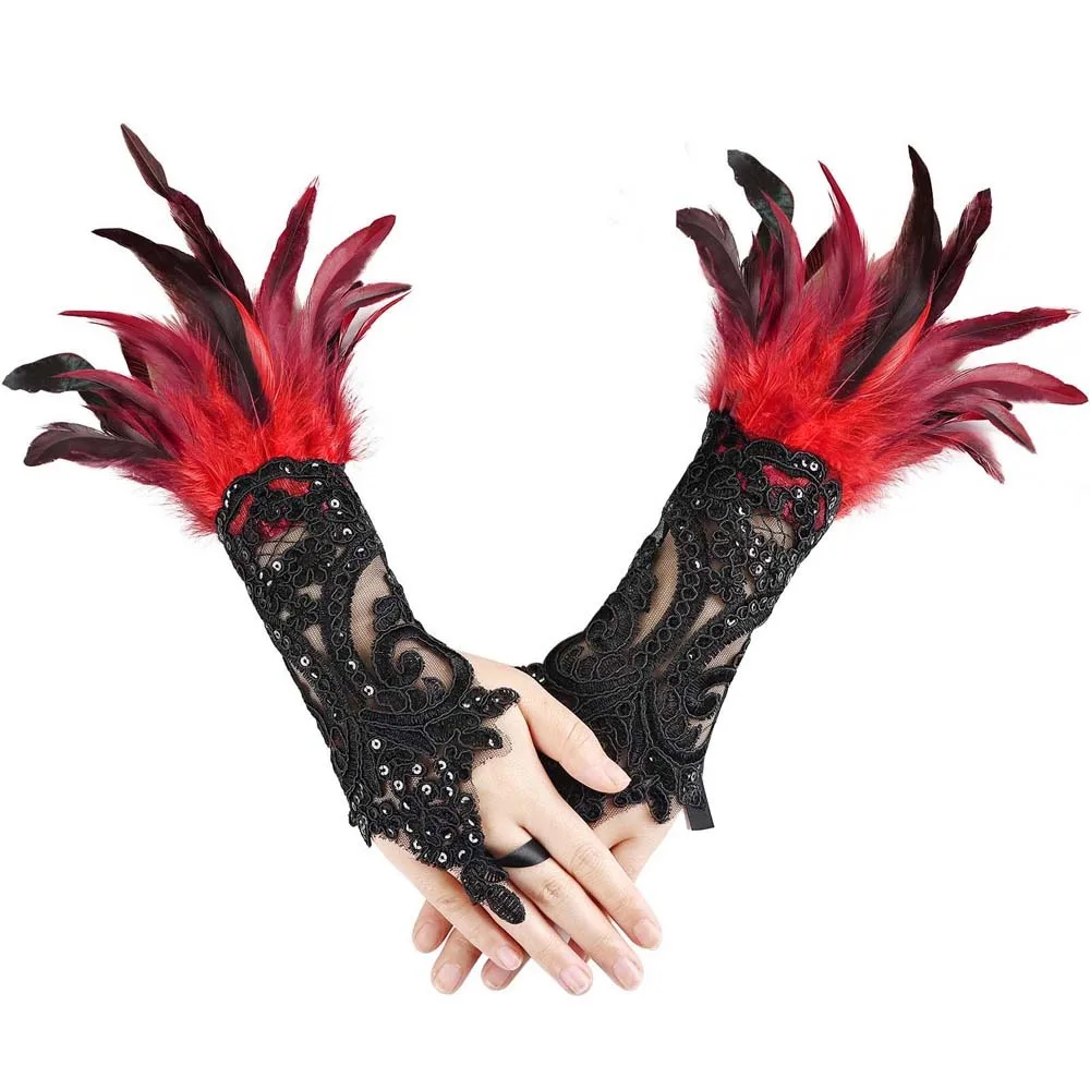 

Retro Halloween Feather Gloves Embroidery Wristband Sequins Feather Lace Gloves Dark Cuffs Women Halloween Arm Sleeves