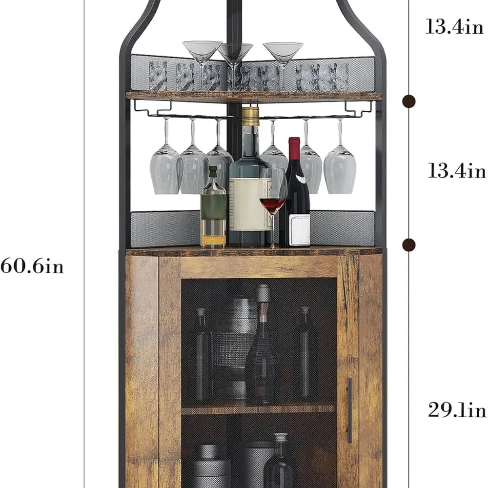 61 رف نبيذ طويل بني ريفي مع أرفف قابلة للتعديل وباب شبكي وحامل زجاجي للمطبخ والبار #2