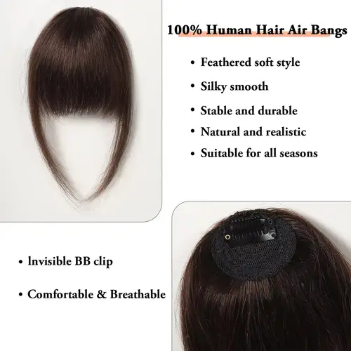 100% Human Hair Bangs Natural Brown Wispy Bang Hair Clip in Bangs Fringe with Temples Hairpiece for Women Clip on Air Bang 4.5in - Image 2