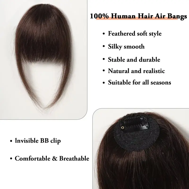 100% Human Hair Bangs Natural Brown Wispy Bang Hair Clip in Bangs Fringe with Temples Hairpiece for Women Clip on Air Bang 4.5in - Image 2
