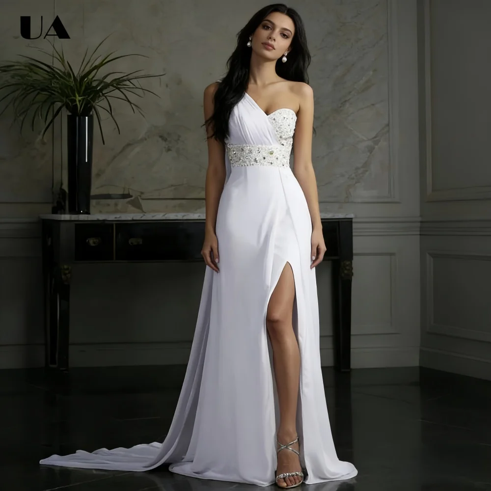 ULBYANRY Customized A-line Beading Prom Dress with Asymmetrical Neck Elegant Sleeveless Evening Dress Trendy Floor-length Dress