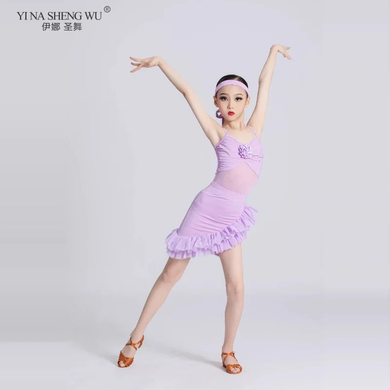 أزياء أداء الرقص اللاتيني للأطفال الفتيات الدانتيل الفتيات ممارسة السالسا السامبا مرحلة فستان أرجواني لعرض مسرح المنافسة