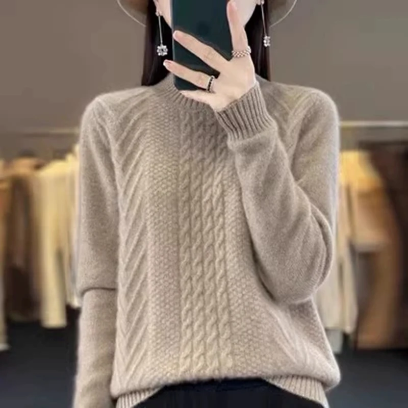 2025 Winter Wool Cashmere Sweater for Women Mock Turtleneck Warm Pullover Twisted Flower Fashion Chic Knitted Sweater Korean Top