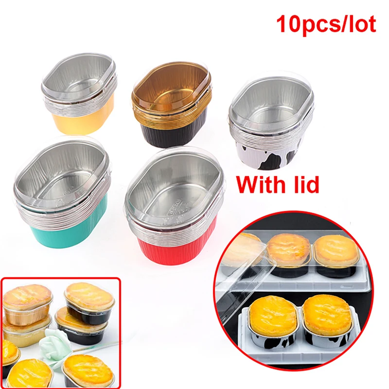 10Pcs/Lot Aluminum Foil Baking Cup Heat Resistant Cake Cups Mold with Lid Muffin Dessert Brulee Cupcake Wrappers Case Holder