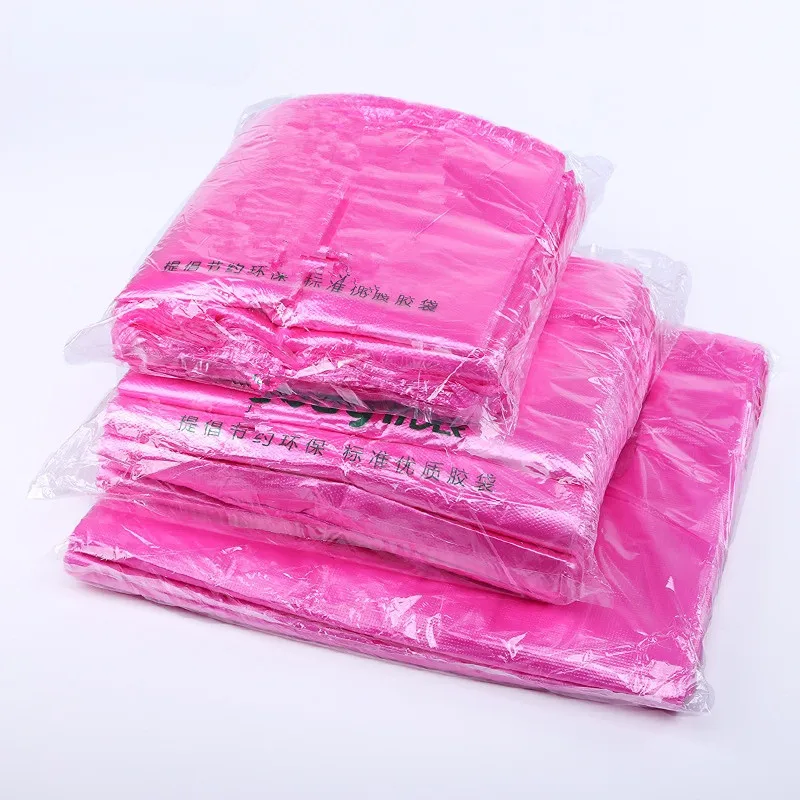 50pcs Pink Plastic Bag Supermarket Fruits vegetables Shopping Storage Bag with Handle Candy Gift Bag Kitchen Clean Garbage Bag