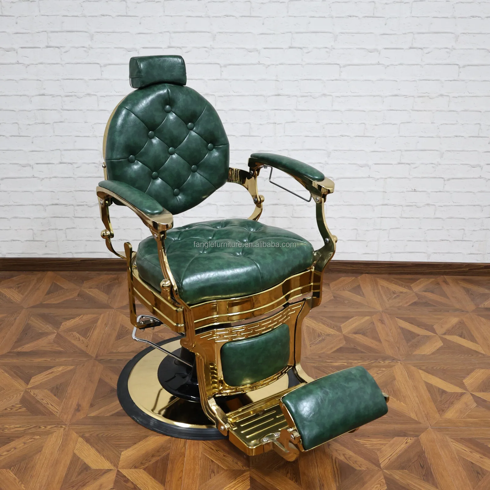 New European Style Aluminium Alloy Heavy Duty Gold and Green Barber Chairs Styling Chairs Salon Chair Hairing Chair Supplier