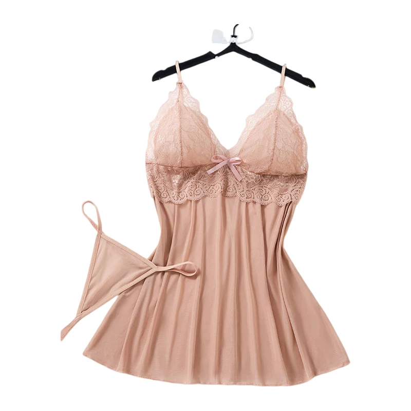 

Sexy Lingerie Dress Women Lace Mesh See Through Nightdress Solid Slim V Neck Slip Sleepwear Summer Hot Nightgown Night Shirts