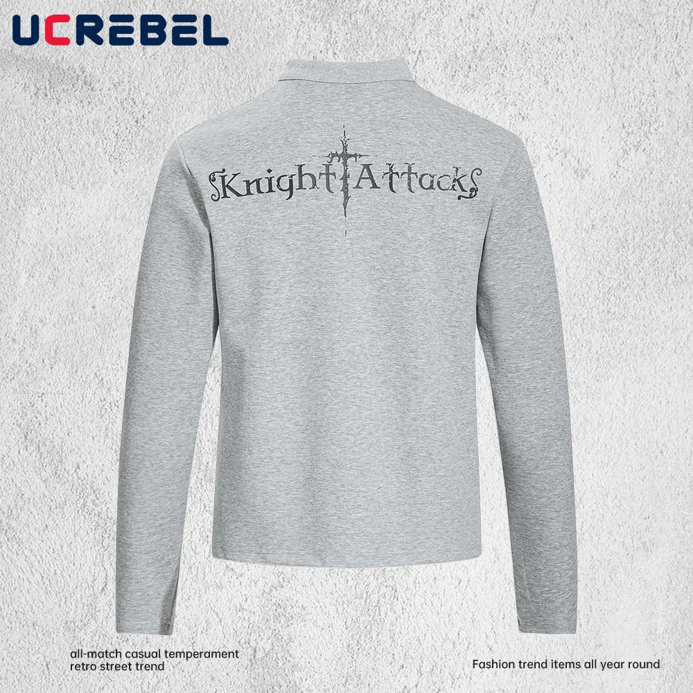Knight Print Long Sleeve T-shirt Mens Double-sided Printed  Retro High Street Autumn Henley Collar Tshirt Man Tee