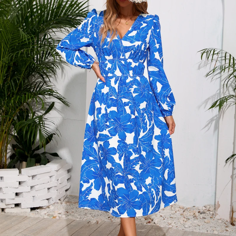 

Summer Casual Fashion Floral Dress for Women Slim Fit Printed Waist Long Sleeve Dress V-neck High Waist Elegant Dress 2024 NEW