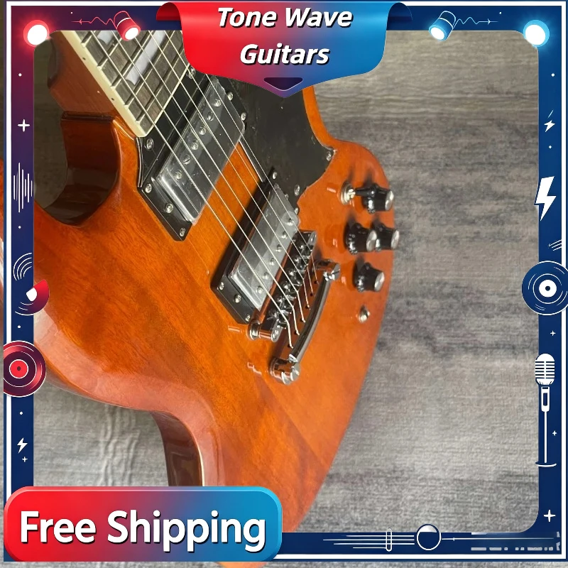Hot Unisex Clear Amber Wood SGS Shape Electric Guitar Two High Output HH Pickups Ebony Neck Band Stage Performance Beginner Gift