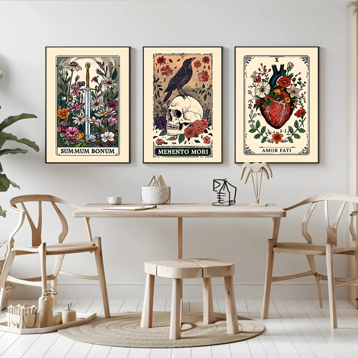 مجموعة مكونة من 3 قطع من بطاقات التارو ستويك ويزدوم - نمط بوهو ترابي، موضوع تذكار موري والتأمل، فن جداري حديث وبسيط لـ #4