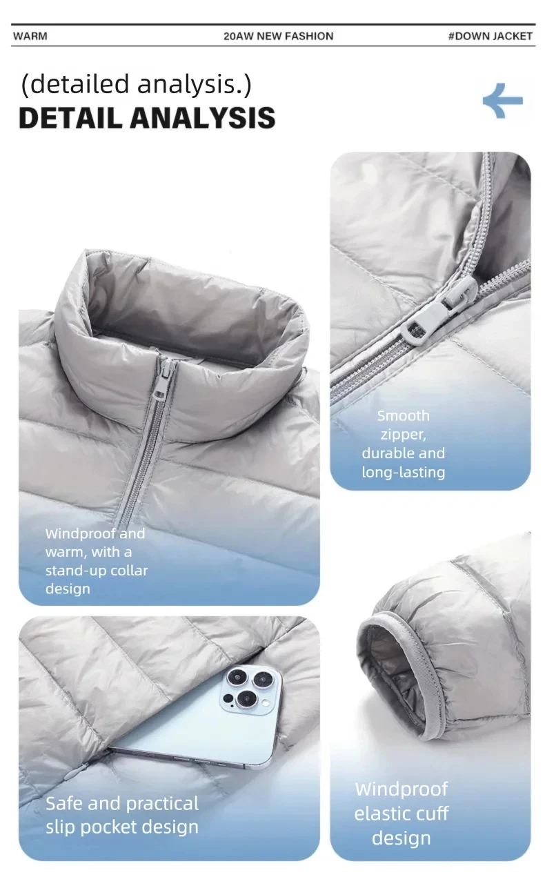 Men's All-Season Puffer Jacket Lightweight Waterproof White Duck down Ultra Light Casual Portable Male down Coats