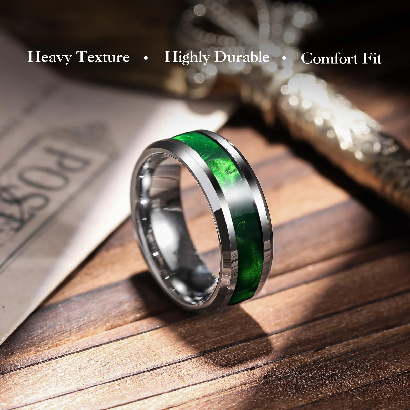 Fashion 8mm Titanium Stainless Steel Rings for Men Women High Polished Inlay Green Shell Men Promise Rings Wedding Party Jewelry