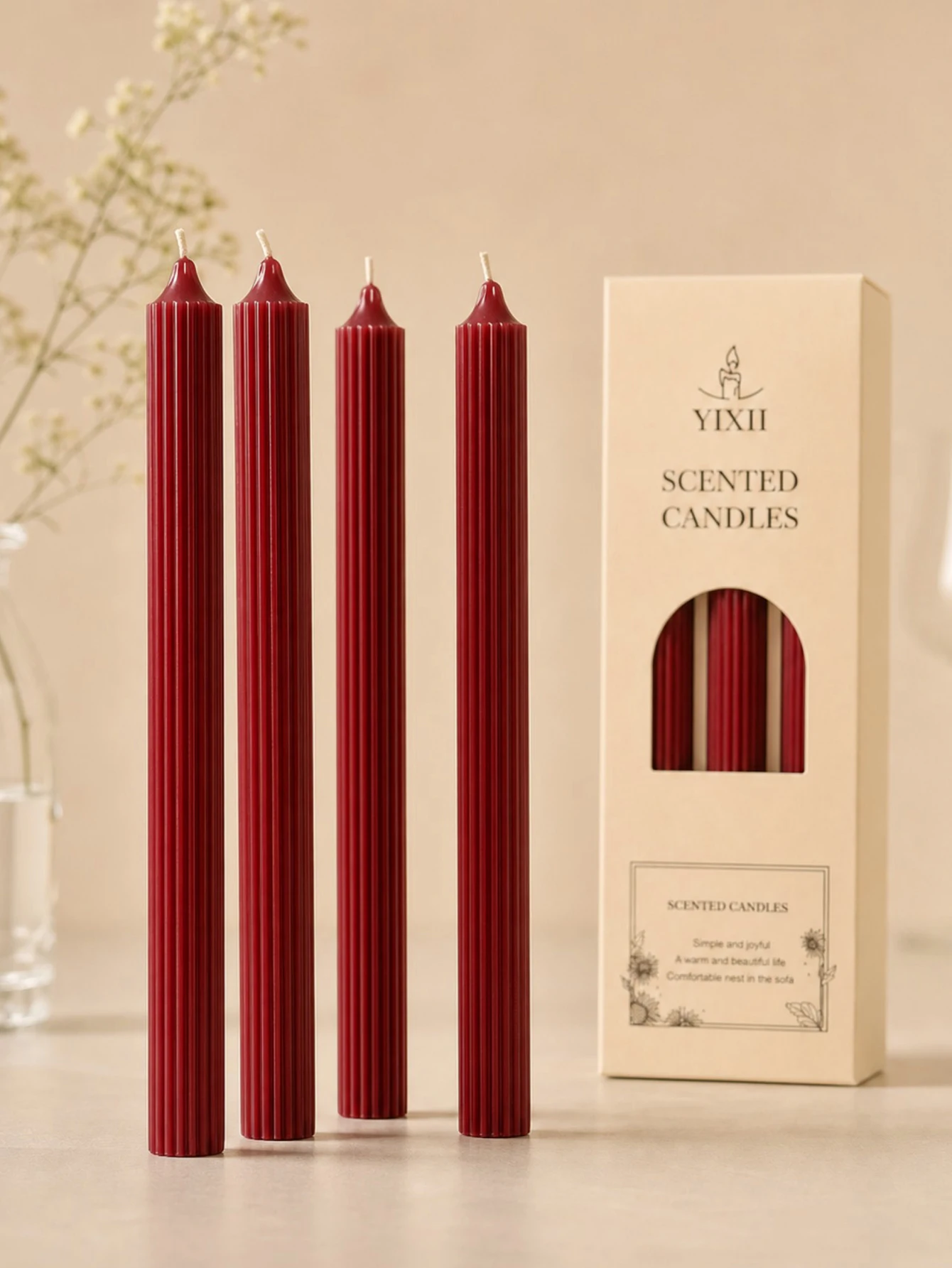 Home Fragrance No 4 - 4個入り 25cm ワインレッド アロマセラピーキャンドルセット、大豆ワックス製、無煙で香り豊か、4時間燃焼、i