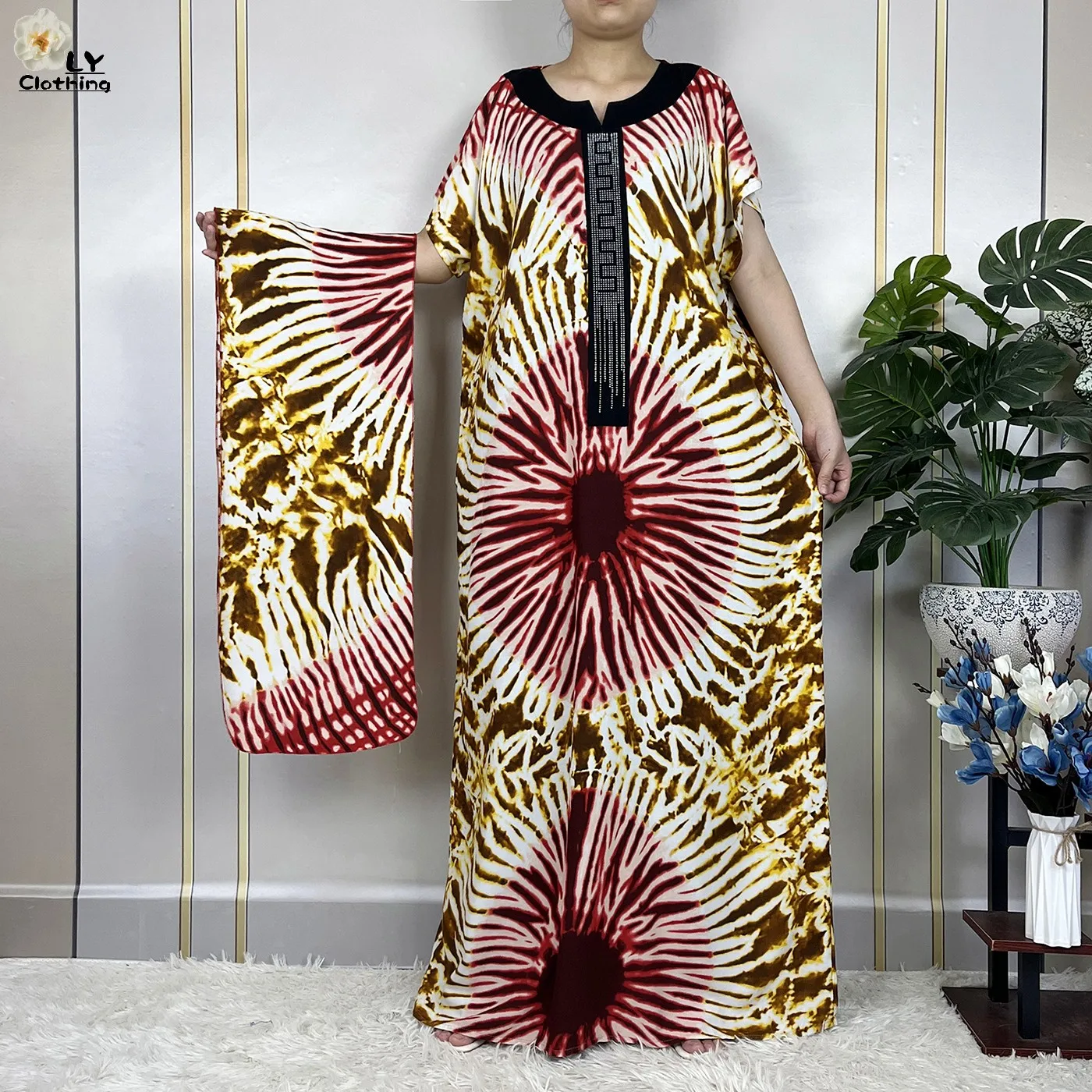 2023New Dubai Muslim Summer Fashion Short Sleeve Dress Women Cotton Loose Maxi Robe Floral Tie-dyed Femme African Abaya Clothing