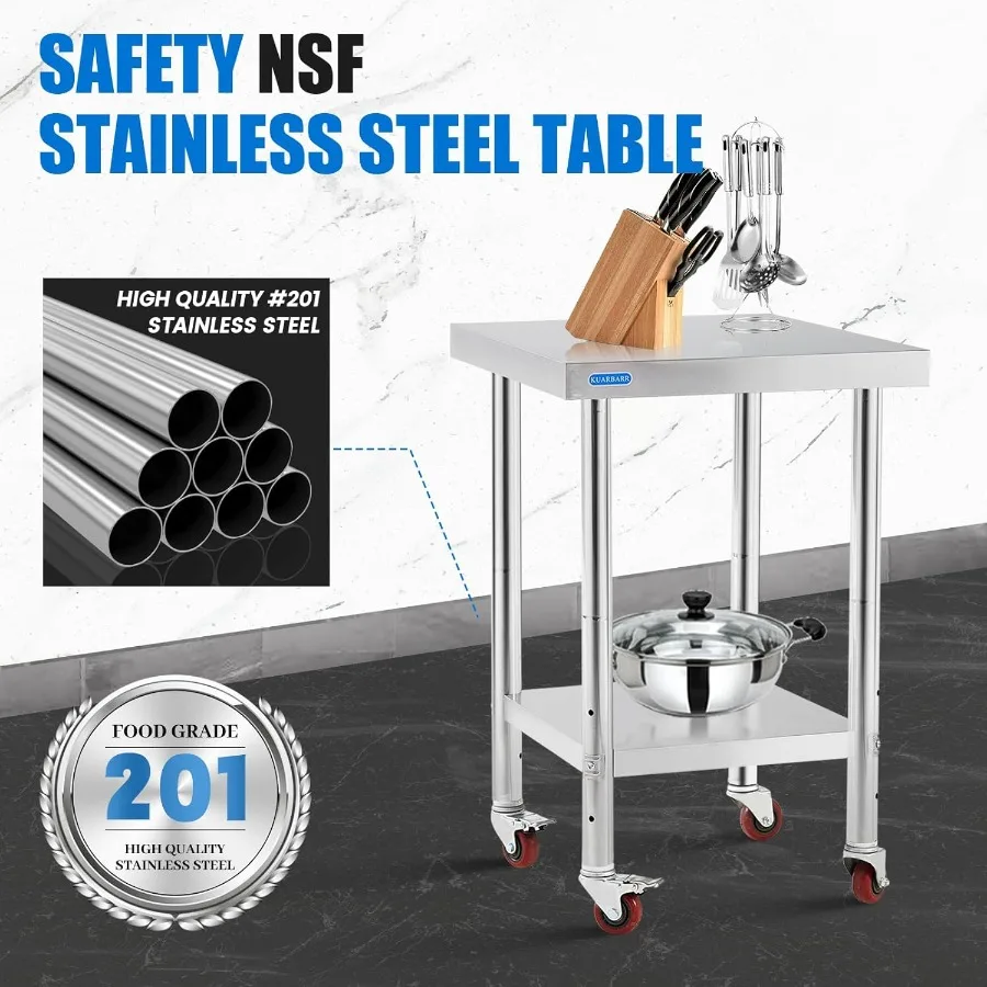 Stainless Steel Table for Prep Work with 4 Caster Wheels and Adjustable Undershelf Storage 18 x 24 Inch NSF Certified Metal Com