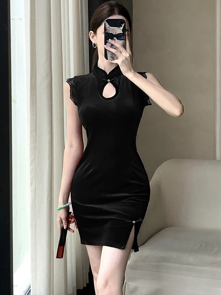 

Осеннее черное бархатное лоскутное кружевное сексуальное мини-платье женское элегантное облегающее платье с запахом бедер 2025 корейское винтажное роскошное вечернее платье